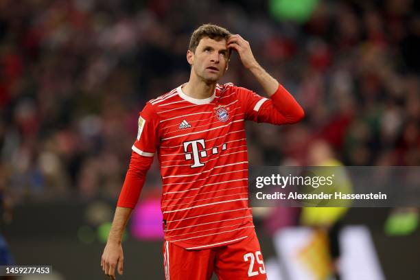 Thomas Müller of FC Bayern Munich looks on during the Bundesliga match between FC Bayern München and 1. FC Köln at Allianz Arena on January 24, 2023...