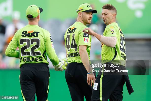 Daniel Sams of the Thunder celebrates the wicket of Campbell Kellaway of the Stars during the Men's Big Bash League match between the Melbourne Stars...