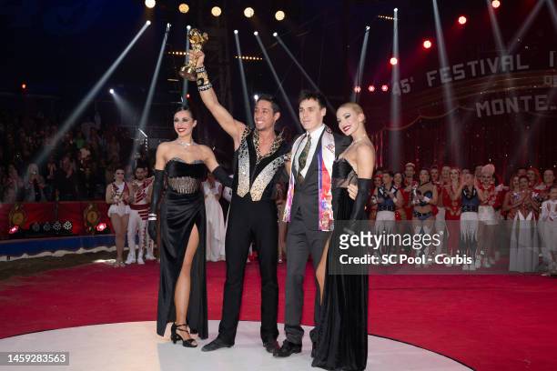 Louis Ducruet poses with the Clown D'Or winners René Cassely Junior with Merrylu Casselly and Quincy Azzario during the 45th International Circus...