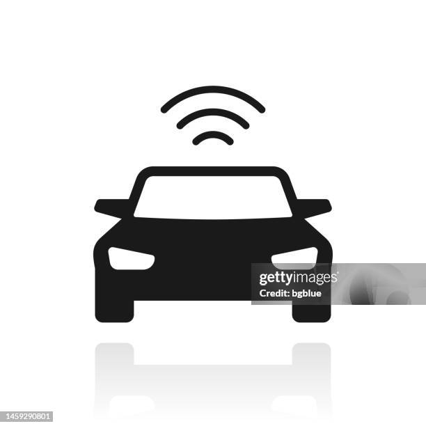 connected car. icon with reflection on white background - white car front stock illustrations