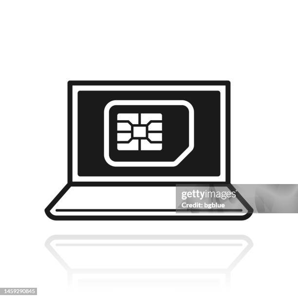 laptop with sim card. icon with reflection on white background - computer screen close up stock illustrations