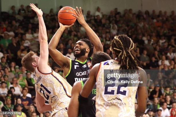 Alan Williams of the Phoenix shoots during the round 17 NBL match between South East Melbourne Phoenix and Cairns Taipans at State Basketball Centre,...