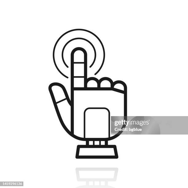 robot hand touch - click. icon with reflection on white background - robot hand human hand stock illustrations
