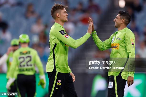 Chris Green of the Thunder celebrates the wicket of Hilton Cartwright of the Stars during the Men's Big Bash League match between the Melbourne Stars...