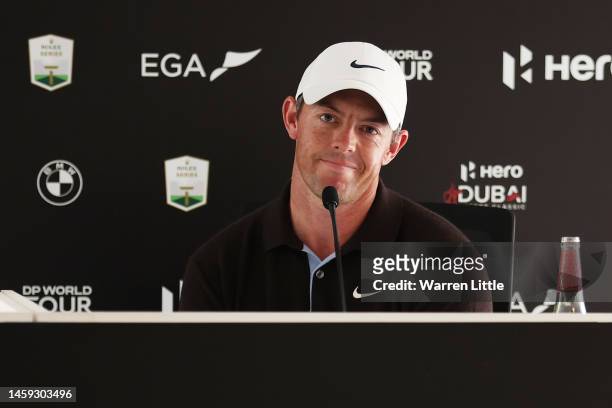 Rory McIlroy of Northern Ireland looks on in a press conference prior to the Hero Dubai Desert Classic at Emirates Golf Club on January 25, 2023 in...