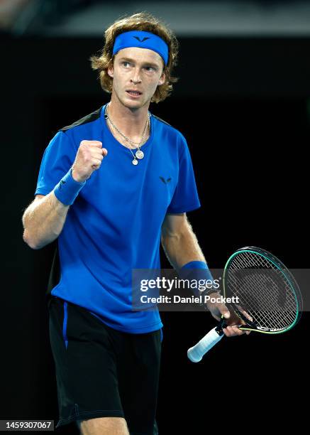 Andrey Rublev reacts in the Quarterfinal singles match against Novak Djokovic of Serbia during day ten of the 2023 Australian Open at Melbourne Park...