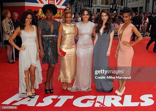 Hannah Frankson, Lashana Lynch, Lorraine Burroughs, Leonora Crichlow, Lily James and Dominique Tipper attend the UK film premiere of 'Fast Girls' at...