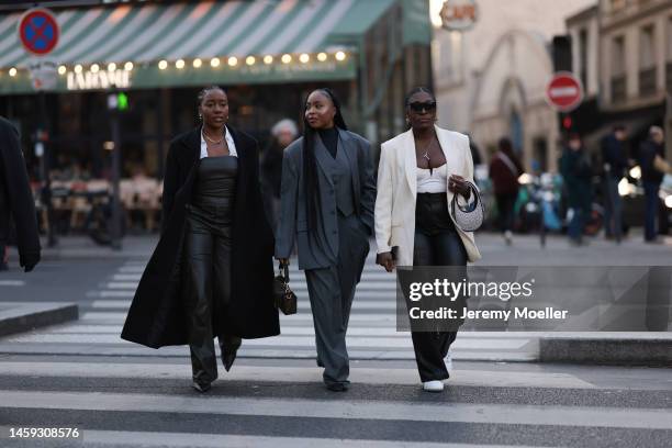 Fashion week guests seen wearing elegant looks with a Fendi baguette, a Bottega Veneta Jodie and a Coperni bag before the Botter show on January 20,...