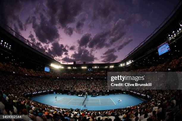 General view of the Quarterfinal singles match between Andrey Rublev and Novak Djokovic of Serbia during day ten of the 2023 Australian Open at...