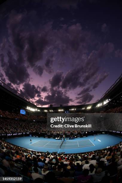 General view of the Quarterfinal singles match between Andrey Rublev and Novak Djokovic of Serbia during day ten of the 2023 Australian Open at...