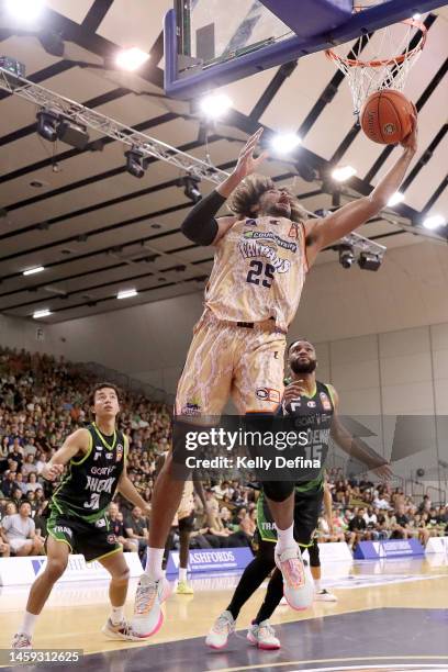 Keanu Pinder of the Taipans drives to the basket during the round 17 NBL match between South East Melbourne Phoenix and Cairns Taipans at State...