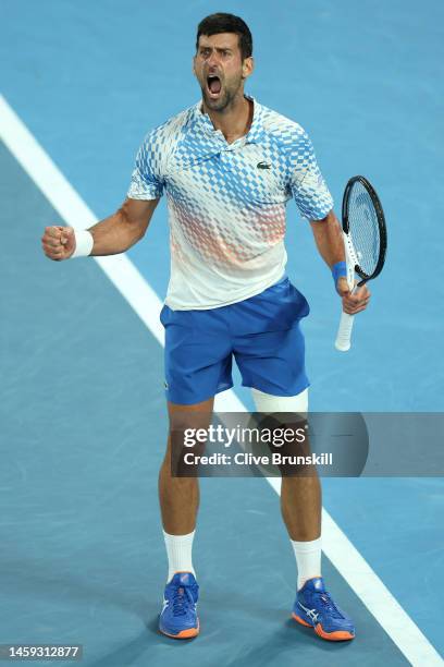 Novak Djokovic of Serbia reacts in the Quarterfinal singles match against Andrey Rublev during day ten of the 2023 Australian Open at Melbourne Park...