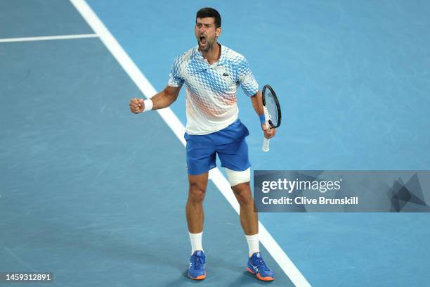 Novak Djokovic of Serbia reacts in the Quarterfinal singles match against Andrey Rublev during day ten of the 2023 Australian Open at Melbourne Park...