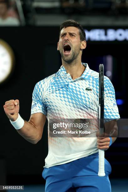 Novak Djokovic of Serbia reacts in the Quarterfinal singles match against Andrey Rublev during day ten of the 2023 Australian Open at Melbourne Park...