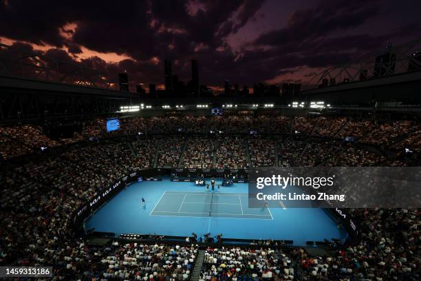 General view of the Quarterfinal singles match between Andrey Rublev and Novak Djokovic of Serbia during day ten of the 2023 Australian Open at...