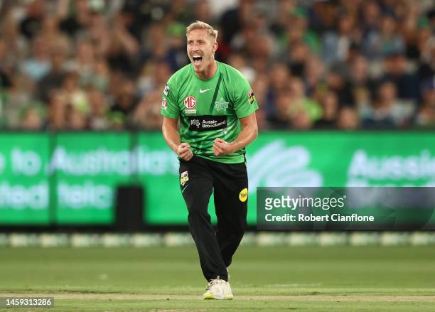 Luke Wood of the Stars celebrates taking the wicket of David Warner of the Thunder during the Men's Big Bash League match between the Melbourne Stars...