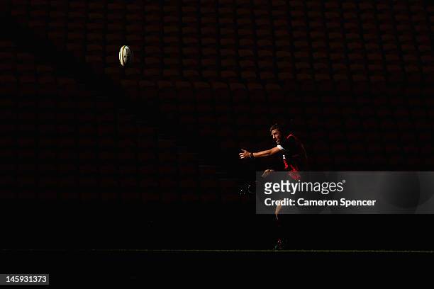 Rhys Priestland of Wales kicks for goal during the Wales rugby captain's run at Suncorp Stadium on June 8, 2012 in Brisbane, Australia.