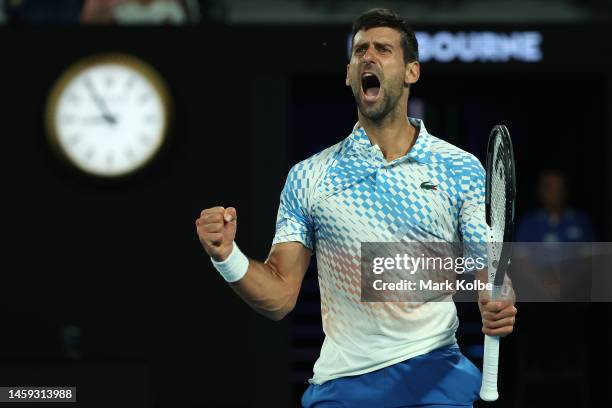 Novak Djokovic of Serbia reacts in the Quarterfinal singles match against Andrey Rublev during day ten of the 2023 Australian Open at Melbourne Park...