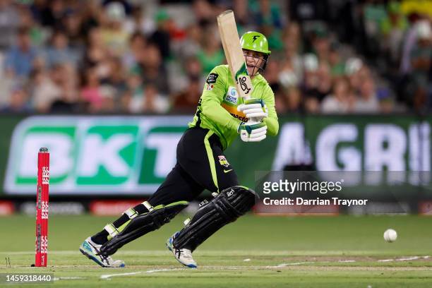 Matthew Gilkes of the Thunder bats during the Men's Big Bash League match between the Melbourne Stars and the Sydney Thunder at Melbourne Cricket...