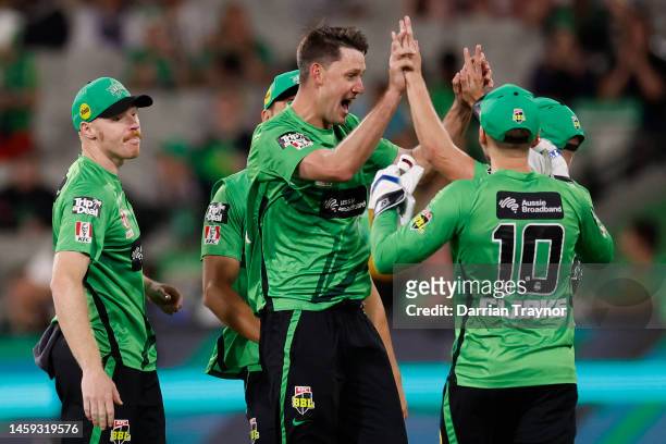 Beau Webster of the Stars celebrates the wicket of Matthew Gilkes of the Thunder during the Men's Big Bash League match between the Melbourne Stars...