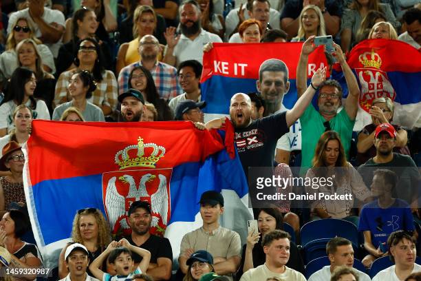 Spectators with Serbian flags in the Quarterfinal singles match between Andrey Rublev and Novak Djokovic of Serbia during day ten of the 2023...