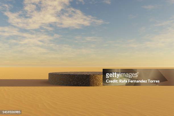 3d round podium illustration. round pedestal and winner podium on desert - awards day 3 stock pictures, royalty-free photos & images