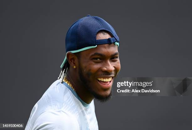 Jofra Archer of England looks on during a England Net Session at Mangaung Oval on January 25, 2023 in Bloemfontein, South Africa.