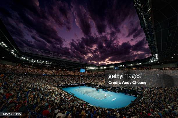 General view of Rod Laver Arena during the Quarterfinal singles match between Novak Djokovic of Serbia and Andrey Rublev during day ten of the 2023...