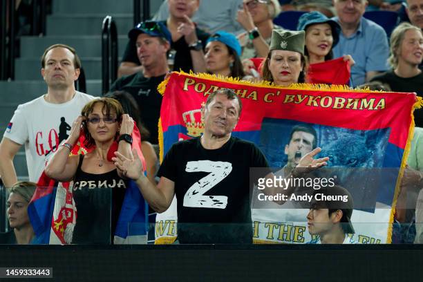 Fan wears a t-shirt with the "Z" symbol is seen during the Quarterfinal singles match between Novak Djokovic of Serbia and Andrey Rublev during day...