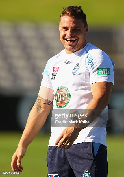 Anthony Watmough shares a laugh with a team mate during a New South Wales Blues state of origin training session at Coogee Oval on June 8, 2012 in...