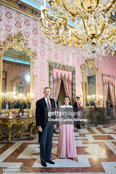 King Felipe VI of Spain and Queen Letizia of Spain receive the Diplomatic Corps at the Royal Palace on January 25, 2023 in Madrid, Spain.