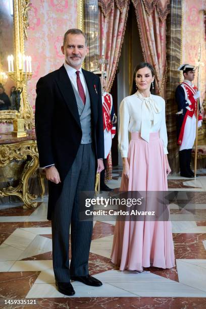 King Felipe VI of Spain and Queen Letizia of Spain receive the Diplomatic Corps at the Royal Palace on January 25, 2023 in Madrid, Spain.