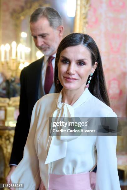 King Felipe VI of Spain and Queen Letizia of Spain receive the Diplomatic Corps at the Royal Palace on January 25, 2023 in Madrid, Spain.