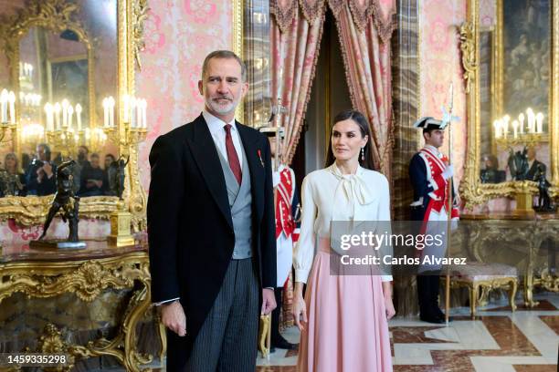 King Felipe VI of Spain and Queen Letizia of Spain receive the Diplomatic Corps at the Royal Palace on January 25, 2023 in Madrid, Spain.