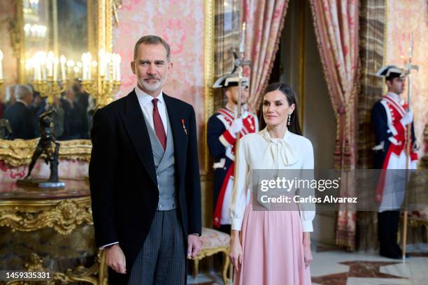 King Felipe VI of Spain and Queen Letizia of Spain receive the Diplomatic Corps at the Royal Palace on January 25, 2023 in Madrid, Spain.