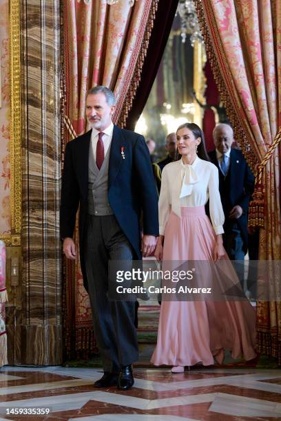 King Felipe VI of Spain and Queen Letizia of Spain receive the Diplomatic Corps at the Royal Palace on January 25, 2023 in Madrid, Spain.