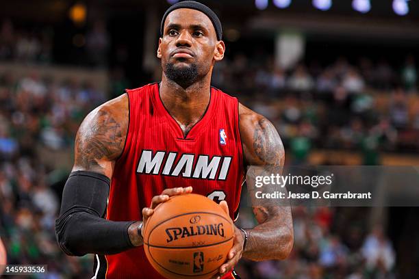 LeBron James of the Miami Heat shoots a free-throw against the Boston Celtics in Game Six of the Eastern Conference Finals during the 2012 NBA...