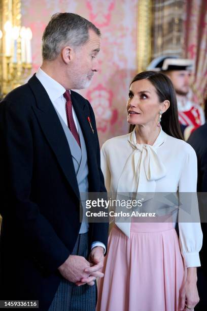 King Felipe VI of Spain and Queen Letizia of Spain receive the Diplomatic Corps at the Royal Palace on January 25, 2023 in Madrid, Spain.