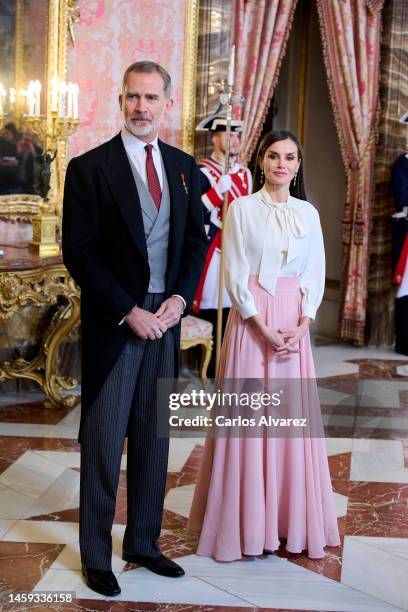 King Felipe VI of Spain and Queen Letizia of Spain receive the Diplomatic Corps at the Royal Palace on January 25, 2023 in Madrid, Spain.