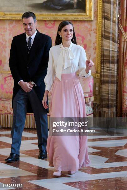 Prime minister Pedro Sanchez and Queen Letizia of Spain receive the Diplomatic Corps at the Royal Palace on January 25, 2023 in Madrid, Spain.