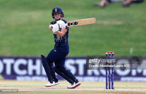 Niamh Holland of England plays a shot during the ICC Women's U19 T20 World Cup 2023 Super 6 match between England and West Indies at JB Marks Oval on...