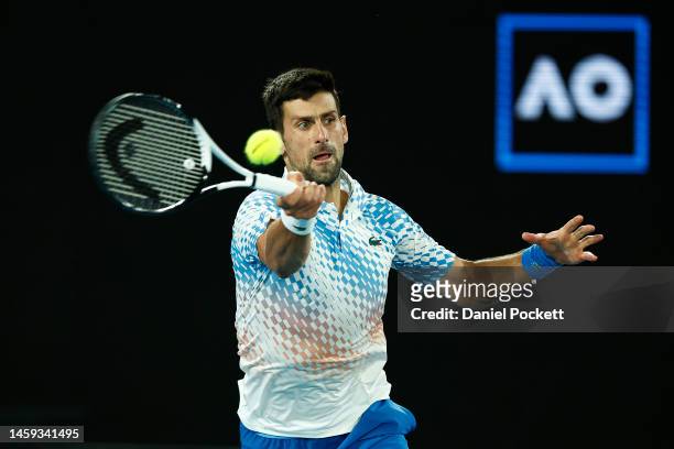 Novak Djokovic of Serbia plays a forehand in the Quarterfinal singles match against Andrey Rublev during day ten of the 2023 Australian Open at...