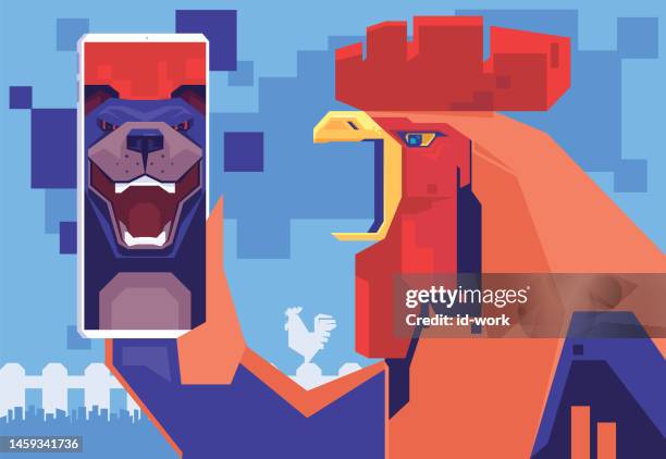 rooster video chatting with dog on smartphone - bark stock illustrations
