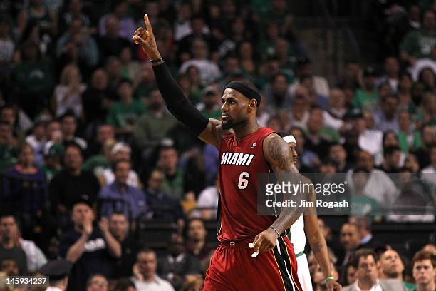 LeBron James of the Miami Heat reacts against the Boston Celtics in Game Six of the Eastern Conference Finals in the 2012 NBA Playoffs on June 7,...