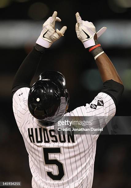 Orlando Hudson of the Chicago White Sox celebrates getting the game-winning hit in the bottom of the 9th inning against the Toronto Blue Jays at U.S....