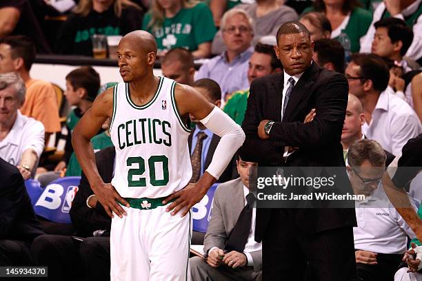 Ray Allen and Doc Rivers of the Boston Celtics look on dejected against the Miami Heat in Game Six of the Eastern Conference Finals in the 2012 NBA...