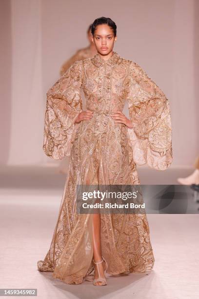 Model walks the runway during the Elie Saab Haute Couture Spring Summer 2023 show at Le Carreau du Temple as part of Paris Fashion Week on January...