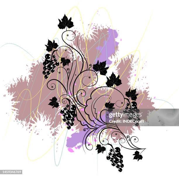 grapes vine filigree with grunge - plant wall art stock illustrations