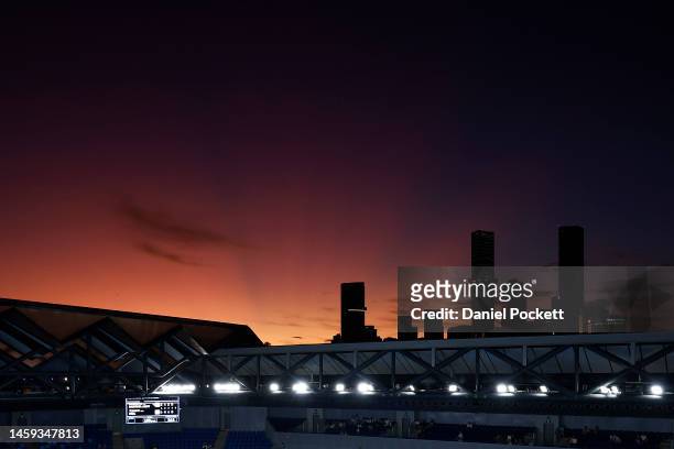 The Melbourne city skyline is seen at sunset from Margaret Court Arena during day eight of the 2023 Australian Open at Melbourne Park on January 23,...