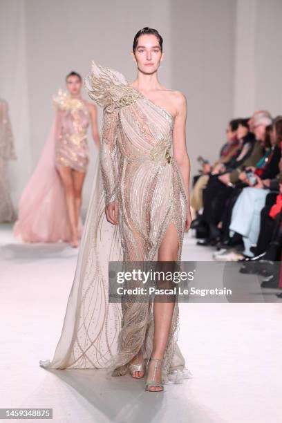 Model walks the runway during the Elie Saab Haute Couture Spring Summer 2023 show as part of Paris Fashion Week on January 25, 2023 in Paris, France.